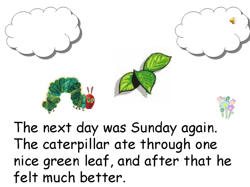 The next day was Sunday again. The caterpillar ate through one nice green leaf,